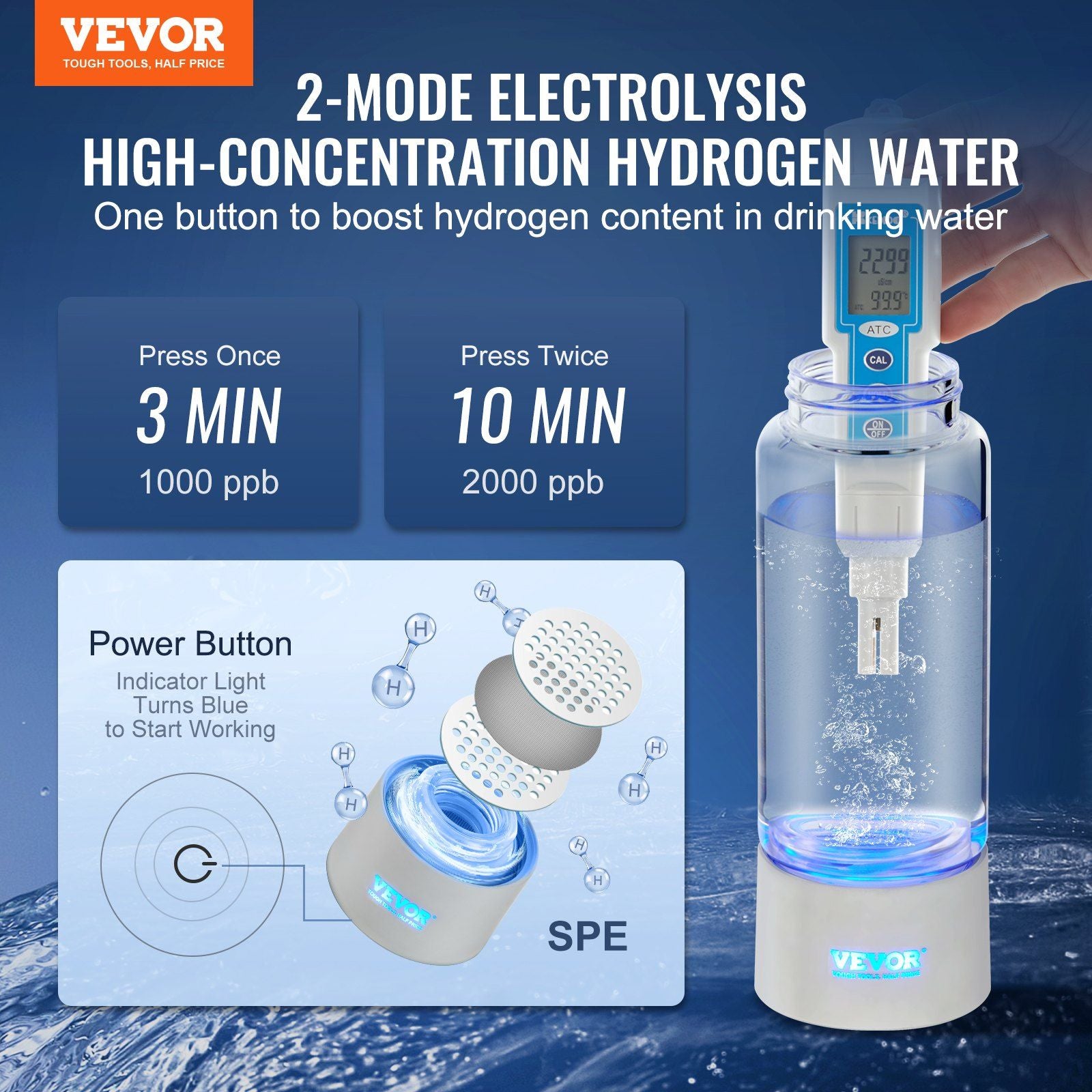 VEVOR Hydrogen Water Bottle Generator, 380 ml / 13.4 oz Capacity Portable Hydrogen Water Maker, SPE Technology Hydrogen Rich Water Ionizer Machine with Nasal Inhalation Tube and Self-Cleaning - JM Variety Store